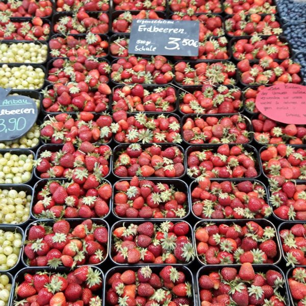 Schale reiht sich an Schale: Frische Erdbeeren, Blaubeeren und Stachelbeeren.
